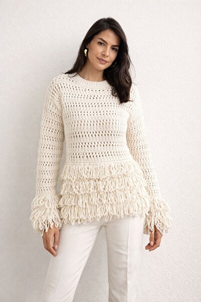 Marjinal Kadın Triko Püskül Detaylı standart Kazak