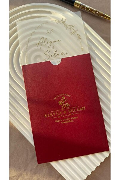 emindijital Bordo Zarflı Şeffaf Nikah, Nişan, Kına, Düğün Davetiyesi - 50 Adet