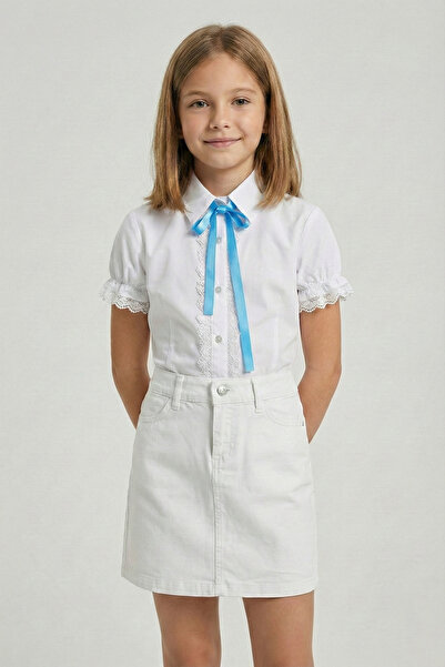 nacar çarşı Κοριτσίστικο Πουκάμισο με Τυρκουάζ Φιόγκο και Λευκή Δαντέλα, Λευκ...