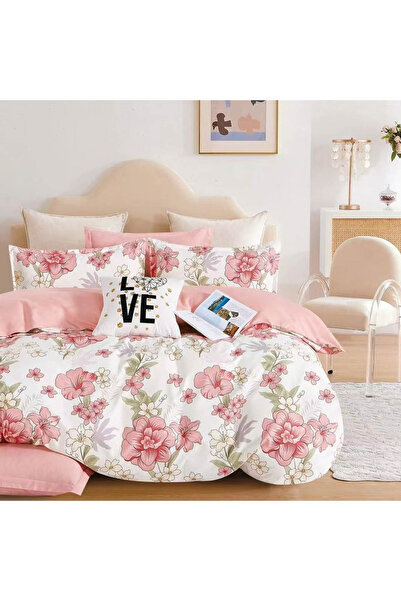 CumparaMisim Lenjerie pat dublu, Finet, 6 piese, Alb, Roz, flori