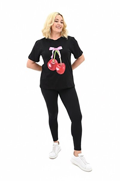Negiysemmoda Cherry Print Detailed Crew Neck Basic T-Shirt
