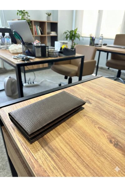 Zaman Kutusu Unisex Brown Vegan Leather, Textured Magnet Detailed Belted Phone Holder Wallet