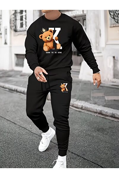 LELVANİ Men Born to Be King Printed Bear Track Suit Set Circular Neckline