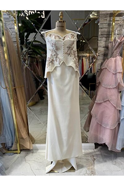 Hanımefendi Giyim Elegant Strapless Embroidered Fish Model Long Evening Dress