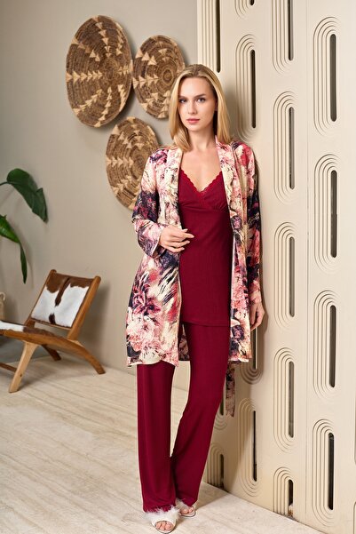 Yulem Homewear Burgundy Patterned Shawl Collar Strap Lace Embroidered Cotton ...