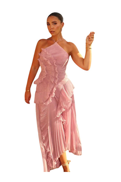 Nice Model Pink Pleated Halter Maxi Dress with Ruffles for Evening Parties an...