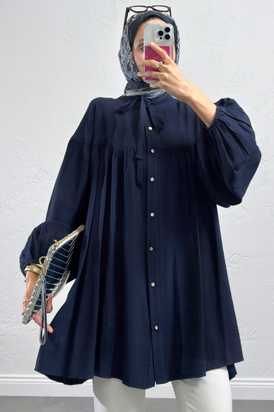 Salih Çelebi Collared Lace-Up Tunic 0083 - Dark Blue