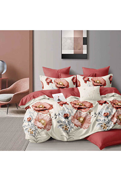 CumparaMisim Double bed linen, Finet, 6 pieces, Cream, Red, flowers