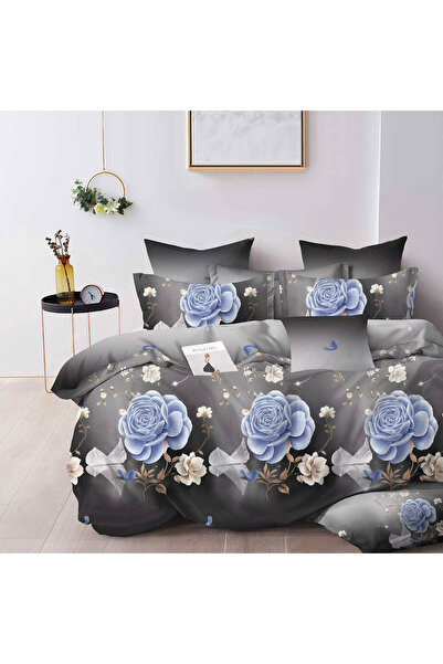 CumparaMisim Lenjerie pat dublu, Finet, 6 piese, Gri, flori albastre