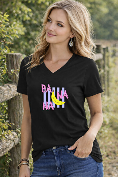 LORVEX Women's T-Shirt V-Neck Comfortable Fit Banana Printed T-Shirt