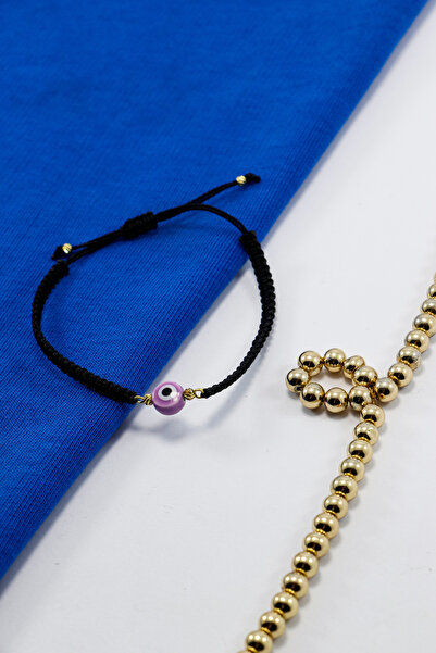 Ennea Art Ceramic Lilac Color Handmade Evil Eye Bead Black Bracelet with Adju...