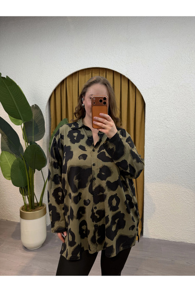 PASTEL BUTİK Geniş Kesim Esnek Penye Gömlek - Haki Leopar