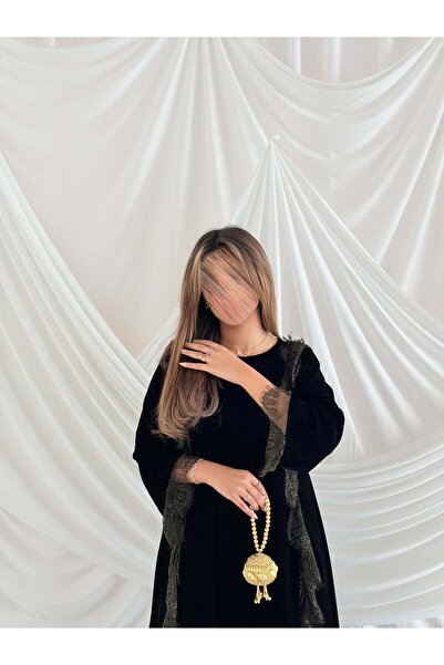 AYA MWJ029 - Black Velvet jalabiya with olive trim