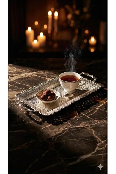 ArnaBella Zely Cast Silver Patterned Tray 48X19 cm Large Serving Model