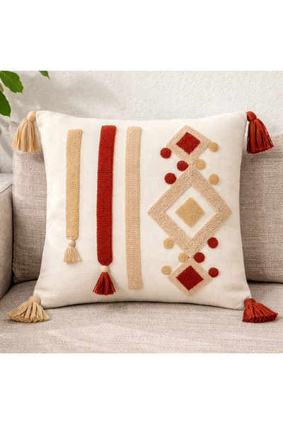 Handmade Bohem Punch İşlemeli Dekoratif Kırlent Kılıfı – El Yapımı Dokulu Tas...