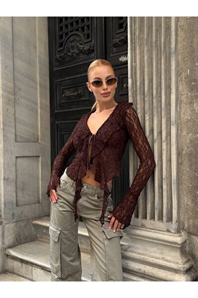 cemo Kadın V Yaka Bağlamalı Dantel Uzun Kollu Bluz