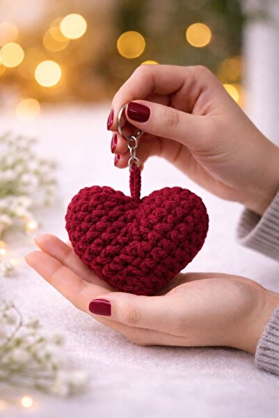 AresTokaAksesuar Velvet Hand-Knitted Heart Keychain Bag Charm