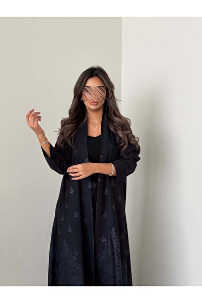 AYA MWT5009 - Navy Blue Abaya with Crepe Print, Half-Closet Cut