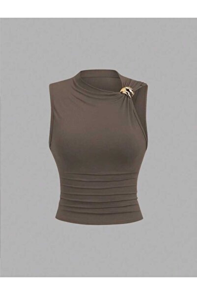 EVOA Women's Coffee Gold Buckle Asymmetric Collar Draped White Blouse