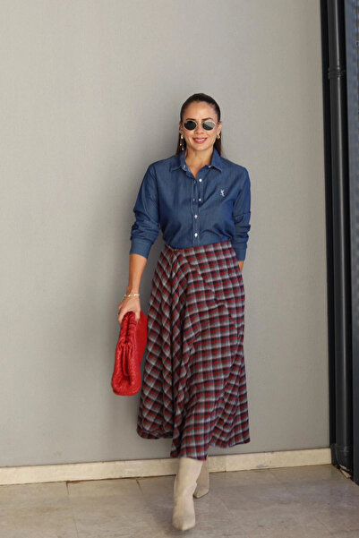 Purple by Banu Red Plaid Skirt