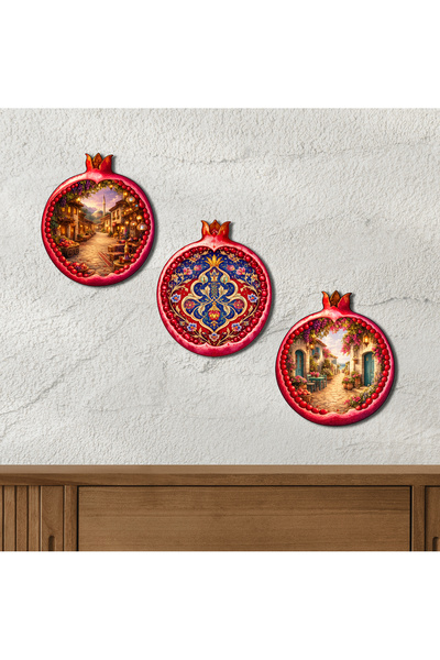 GRAFİLLİ DESİGN Nar Temalı 3’lü Duvar Tablosu – Otantik Sokak & Çini Desenli ...