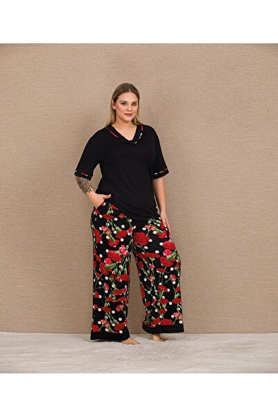 Lady Lingerie Floral Patterned Short Sleeve Oversize Women's Pajama Set