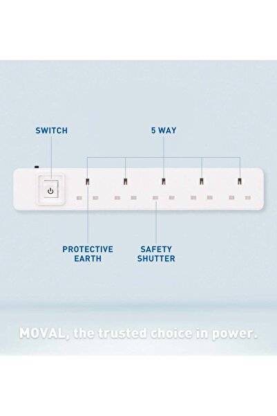 Generic MOVAL 5-Socket Power Extension Cord 3m – All Copper, 2990W, Overload ...