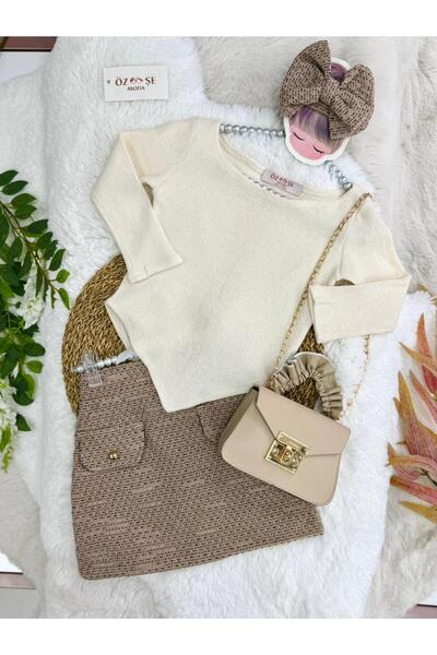 ÖZSEMODA Mink Boat Neck Triangle Blouse Tweed Skirt Set