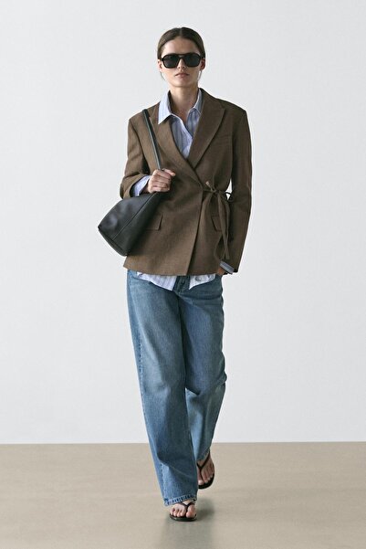 Massimo Dutti Pamuk karışımlı kruvaze bağlamalı blazer