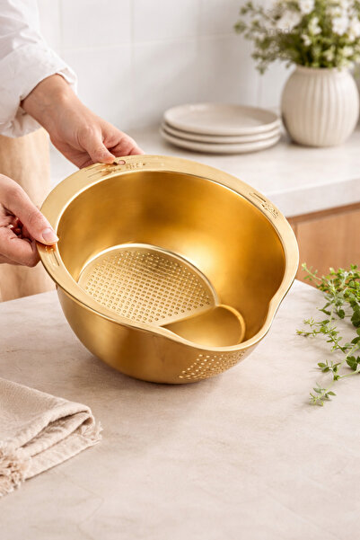 DİVAYS Gold Paslanmaz Çelik Pirinç ve Makarna Süzgeci Çok Amaçlı Metal Süzgeç