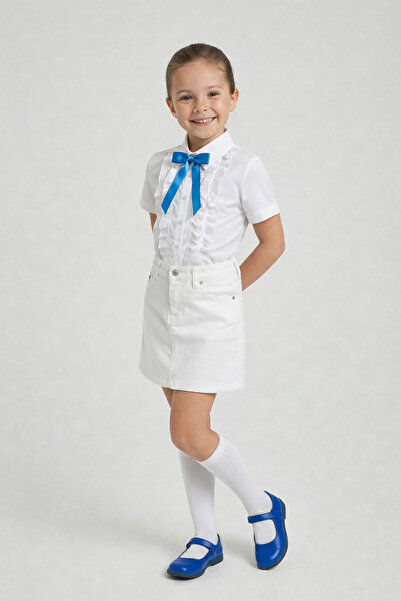nacar çarşı Girl's Saks Blue Bow White Ruffle Shirt White Linen Skirt 23 Apri...