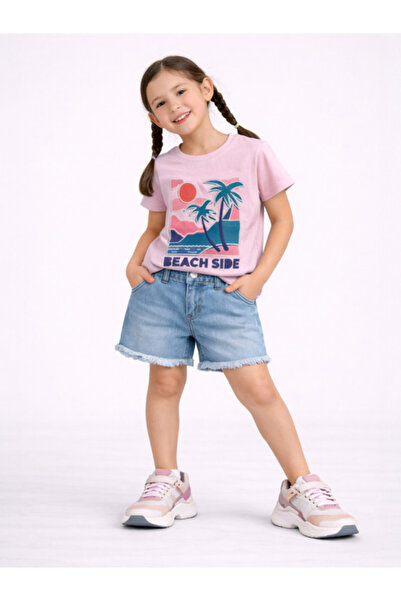 Victor and Jane Girls Beach Side Embellished T-Shirt (Pink- Relaxed fit)