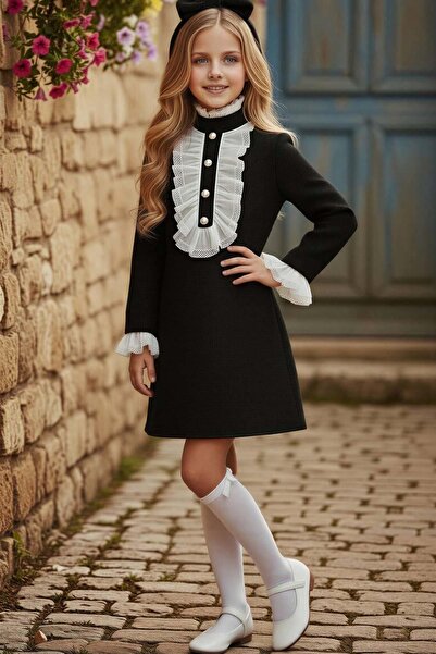 Riccotarz Girl's Ruffle and Clown Collar Chanel Black Dress with Button and L...