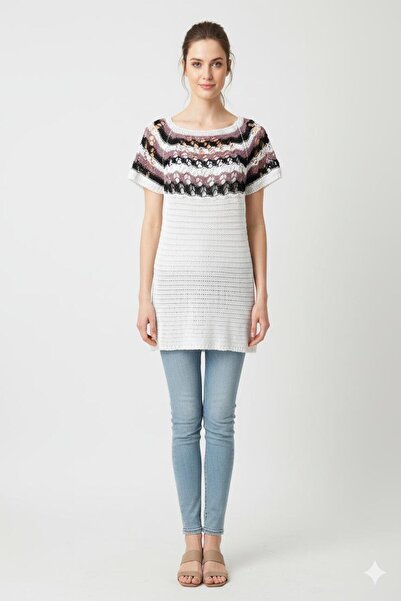 powermıxs Luna Patterned Boat Neck Summer Knitwear Dress, Size 36/40 Compatible