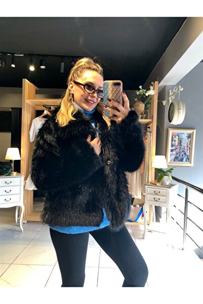 Gözde Tasarım Butik Women's Black Color Fur Coat with Lining, Premium Quality