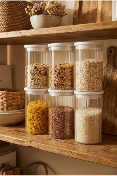 ZURİ DESİGN Set of 6 Transparent Food Storage Containers with White Lids and ...