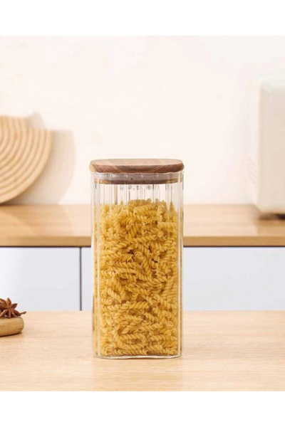 MİEN Men Bor065 Square Glass Jar with Wooden Lid 1700 Cc