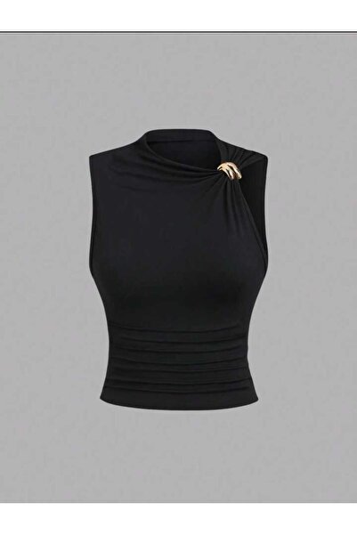 EVOA Γυναικεία μπλούζα με ασύμμετρο γιακά και μαύρη χρυσή αγκράφα