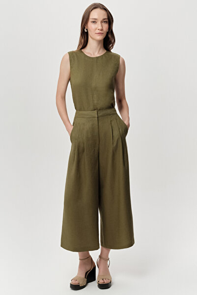 Exquise Zippered Culotte Regular Linen Trousers with Pockets