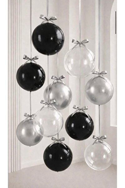 Çemrek Süs Parti Black Silver Transparent Jumbo Balloon Set 18 Inch and Ribbo...