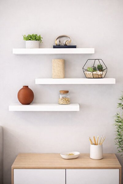 ADIM EBATLAMA 3'lü Uçan Duvar Rafı Set Gizli Raf- Beyaz 15x40
