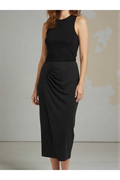 BEBE PLUS Drapeli Kruvaze Kapalı Yırtmaç Midi Boy Comfort Etek
