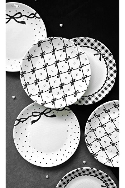Erbaşlar Siyah Fiyonk Lüx Seramik 6 Kişilik Pasta Seti Pasta Tabağı ( 20 cm)