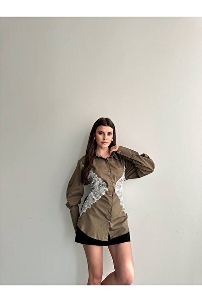 ZF BUTİK Kadın Dantel Detaylı Gömlek Kontrast Tasarım
