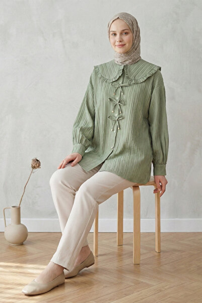 FERHEL Women's Ribbon Detailed Buttoned Baby Collar Hijab Tunic - Çağla