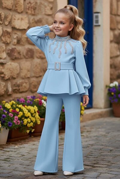 Riccotarz Girl's Collar Pearl Detailed and Lined Blouse Loose Cut Pants Belte...