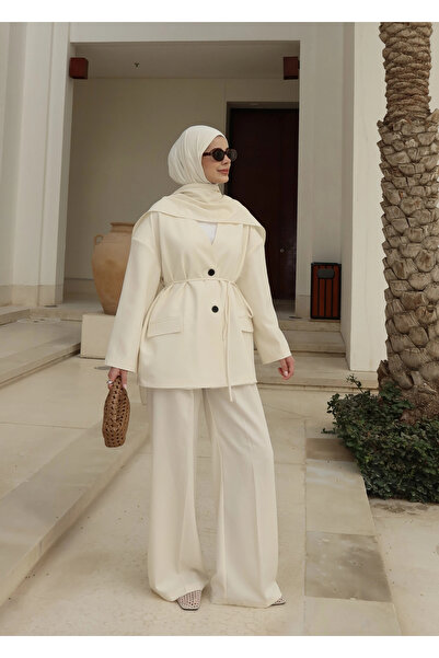 MODA AKSA 6003 Fularlı blazer ceket takım soft ekru