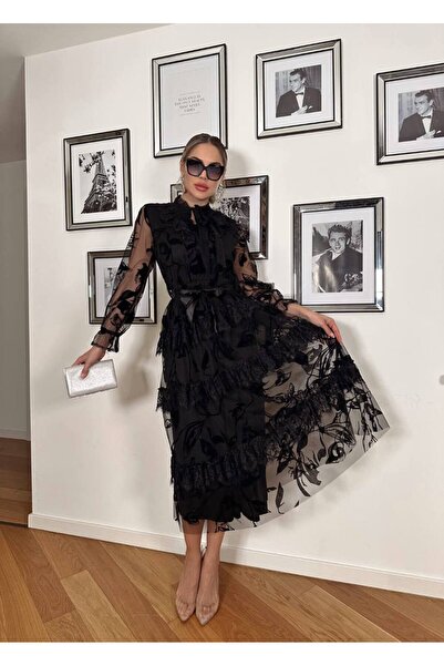 1Moda1Tarz Imported Chiffon Fabric Flock Print Tulle Detailed Floral Patterne...