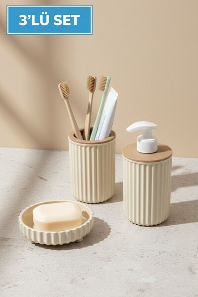 LE PARİS 3 Parça Banyo Seti Modern Çizgili Tasarım | Sıvı Sabunluk | diş fırç...