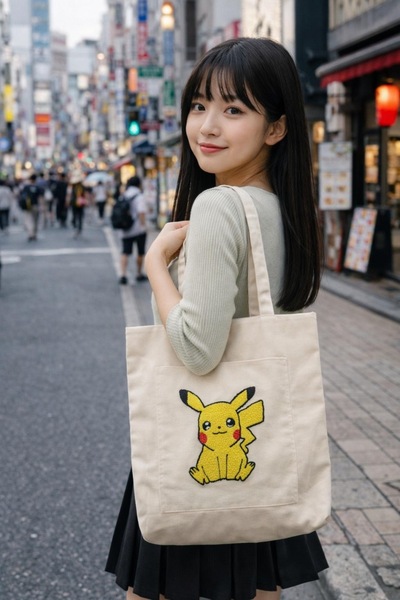 DARBOL DUCK KETEN COTTON İP PUNCH NAKIŞLI PİKACHU EL İŞÇİLİĞİ OMUZ ÇANTASI